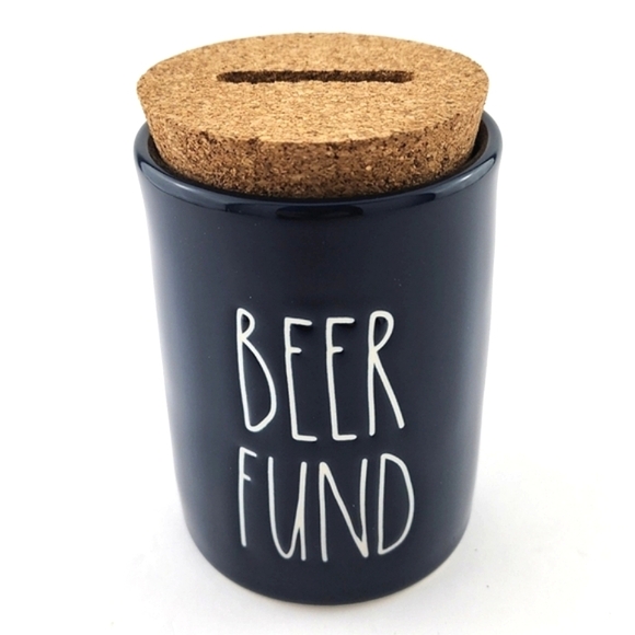 Rae Dunn Coin Bank BEER FUND Mug Navy Blue  With Removable Slotted Cork Topper - Picture 1 of 8